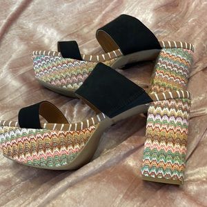 Multi color platforms with black vegan suede straps